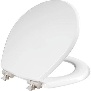 Mayfair Benton Toilet Seat with Brushed Nickel Hinges, Slow Close Wood Seat, Secure Metal Hinges, Easy Install, Round, White