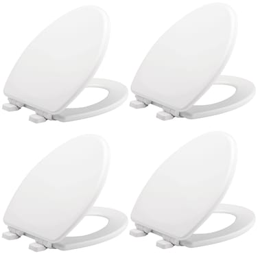 Mayfair Lannon Slow Close Toilet Seat, Non Slip Heavy Duty Wood, Easy Install, Elongated, White, 4 Pack