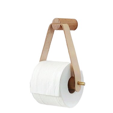 Wood &amp; Leather Wall Toilet Paper Holder, Rustic Tissue Rolls Paper Holder Wall Mounted, Graceful and Natural Bathroom Accessories with Self-Adhesive Seamless Screw (Off-White)