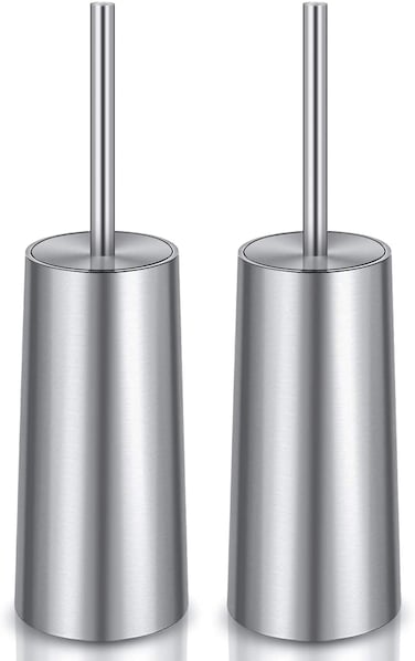 Toilet Brush and Holder, 2 Pack Toilet Brush with 304 Stainless Steel Long Handle, Toilet Bowl Brush for Bathroom Toilet-Ergonomic, Elegant,Durable (Silver)