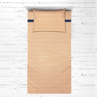 Bacati - 100% Cotton Muslin Tribal/Aztec 3 Piece Boys Toddler Bed Sheet Set Includes Fitted Sheet, Top Sheet, and Pillow Case (Orange/Navy Small Triangles)