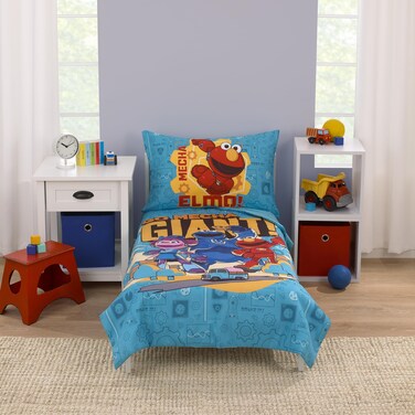 NOJO Sesame Street Mecha Builders Blue, Red, and Gold, with Cookie Monster, Elmo and Abby 4 Piece Toddler Bed Set - Comforter, Fitted Bottom Sheet, Flat Top Sheet, and Reversible Pillowcase