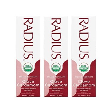 RADIUS USDA Organic Toothpaste 3oz Non Toxic Chemical-Free Gluten-Free Designed to Improve Gum Health &amp; Prevent Cavity - Clove Cardamom - Pack of 3