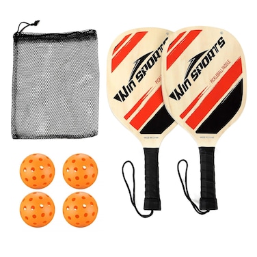 Wooden Pickleball Paddles Set 2 - Win SPORTS Beginner Racket,Pickle Ball Paddles with 2 Paddles,4 Balls and 1 Carry Bag,Durable and Classic (Wooden Version)