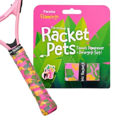 Racket Pets Kids Tennis Racket Dampener &amp; Matching Overgrip Tape, Performance Shock Absorbing Dampener for Tennis Racket &amp; Fun Animal Print Tennis Wrap Grip Tape (Flamingo)