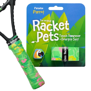 Racket Pets Kids Tennis Racket Dampener &amp; Matching Overgrip Tape, Performance Shock Absorbing Dampener for Tennis Racket &amp; Fun Animal Print Tennis Wrap Grip Tape (Parrot)