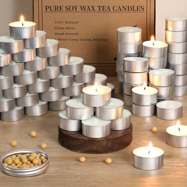 Soy Wax Tealight Candles   50 Pack- 6 Hours Long Burning Tea Candles, 100% Natural Soy Wax Tea Lights Candles   Paraffin-Free, Unscented Tealights Candles Bulk for Party, Home, Wedding, Emergency