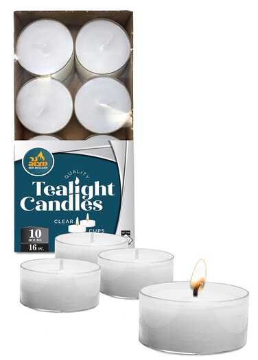 Ner Mitzvah Tea Light Candles - 16 Pack - White Unscented Tealight Candles - Long Burning - 10 Hours
