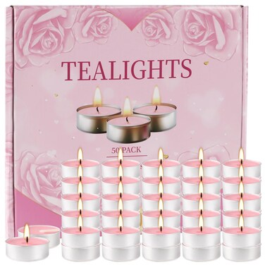 Unscented Tealight Candles Bulk, 50 Pack Pink Tea Lights for Wedding Party Anniversary Valentine Decor, Long-Lasting with 4 Hours Burning Time