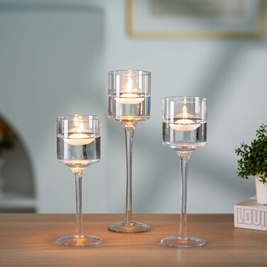Nuptio Glass Candle Holder Tea Light Candle Holders Set of 3 Tall Tealight Candle Holder for Table Centerpiece Clear Candleholders for Pillar Candles Floating Candles Holder for Wedding Home Bathroom