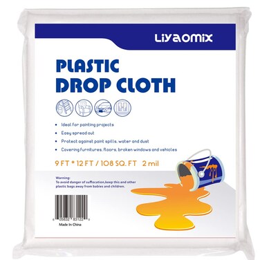 Liyaomix 1 Pack 2 Mil Plastic Drop Cloth for Painting 9ft x 12ft, Heavy Duty Plastic Painters Drop Sheet, Waterproof Plastic Painting Tarp for Floor Covering