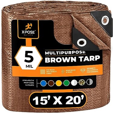 Multipurpose Protective Cover Brown Poly Tarp 15' x 20', Drop Cloth - Durable, Water Resistant, Weather Resistant - 5 Mil Thick Polyethylene - by Xpose Safety