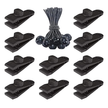 Tarp Clips Heavy Duty Lock Grip and Ball Bungee Cords, 20 Pack Tarp Clamp Heavy Duty Fasteners Clips 6 inches Bungee Balls for Pool Awning Cover Car Cover Camping Outdoor Caravan Canopies