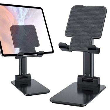 Adjustable Phone Holder &amp; Tablet Stand, Desktop Table Dock Mount - Foldable Stand Compatible for iPhones, iPad Pro Air Mini Android Smartphones and Tablets (Black)