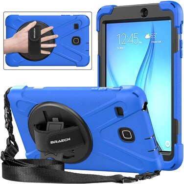 BRAECNstock Samsung Galaxy Tab E 8.0 Case (SM-T375/T377/T378), Heavy Duty Shockproof Protective Cover with 360&Acirc;&deg; Stand&amp;Hand Strap,Shoulder Strap,Samsung SM-T377A/T377V/T378V Tablet Case for Kids,Blue