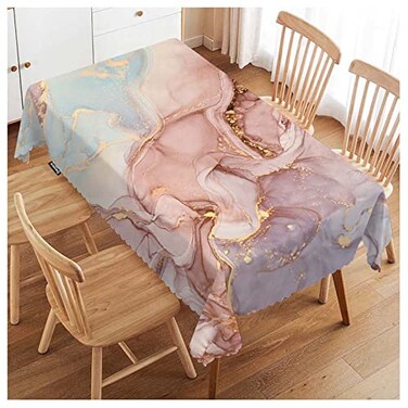 Swono Marble Tablecloth Abstract Pink Golden Waves Marble Pattern Rectangle Table Cloth Washable Plaid Table Cover for Kitchen Holiday Dinner, 52x 70 Inch Tablecloth