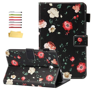 UUcovers for 8" Samsung Galaxy Tab E 8.0 inch 2016 Tablet Case SM-T375/T377 with Pencil Holder Card Slots Stand PU Leather Wallet Smart Shell [Auto Wake/Sleep] Magnetic Folio Cover, Black Rose Flower