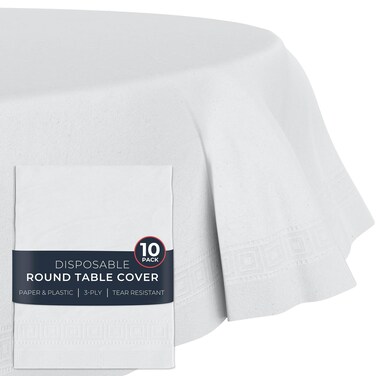 HOUZZKINGZ USA Paper Tablecloths for Round Tables   82" &acirc;&euro;&ldquo; 10 Pack   White Paper Disposable Tablecloth   3-Ply Premium Paper &amp; Plastic Table Cloths for Parties Disposable