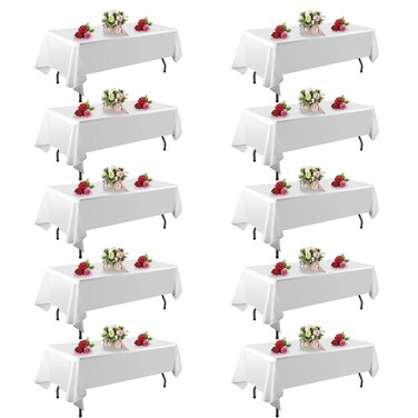 FINDYOU 10 Pack White Table Cloth Rectangle Table 60 x 102 Inch Tablecloths for 6 Foot Rectangle Tables. Stain and Winkle Resistant Polyester Washable White Table Cloths for Parties Wedding Dining