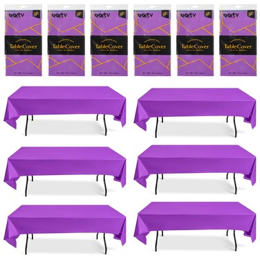 Purple Table Cloths For Parties, Pack of 6, Thick Purple Tablecloth Plastic Good for Wedding, Birthday, Picnic, Camping, also 12 Clips for Purple Disposable Tablecloth For Rectangle Tables - 54x108-in
