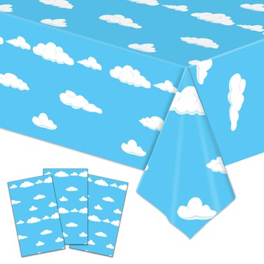 3 Pieces Blue Sky White Cloud Tablecloth Disposable Table Cover - 54 x108 Inches Cartoon Clouds Pattern Plastic Table Cloth for Baby Showers, Kids Birthday Party Supplies, and Sky-Themed Decorations