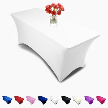 Luxury Collection 8ft Tablecloth Rectangular Spandex Linen - White Table Cloth Fitted Cover for 8 Foot Folding Table, Wedding Linens Banquet Cloths Rectangle Covers