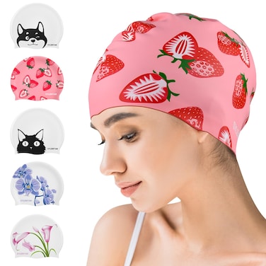 SYLEMTAM Swim Cap for Women Long Hair, Silicone Swimming Cap Waterproof Swim Caps Anti Slip Swimming Caps for Women Swimming Comfy Bathing Caps Cute Swim Hats for Short Medium Long Hairs (S Size)