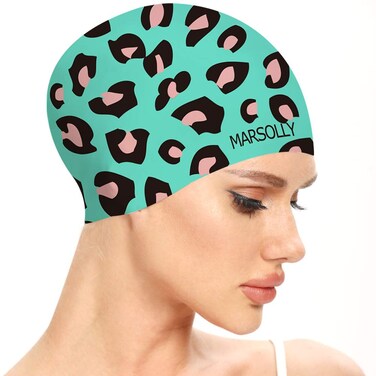 Marsolly Swim Cap Women, Silicone Swimming Cap for Long Hair with Leopard Printed Pink