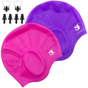 Unisex Swim Caps Ear Protection,2Pack Silicone Swimming Caps for Short/Long Hair with Ear Plugs&amp;Nose Clip,Waterproof Flexible Swimming Hat for Women Men Adults Kids,Easy to Put On and Off,Rosy+Purple