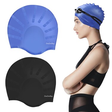 ZmZmBay (2pack) Swim Cap for Short/Long Hair, Durable Flexible Silicone Swimming Caps for Man Women Youth Kids Waterproof Bathing Swimming Cap with 3D Ear Protection