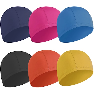 6 pcs Elastic Swim Caps for Both Women &amp; Men &amp; Kids Fabric Durable Non-Waterproof Cloth Swimming Pool Cap Elastic Bathing Cap (Rose Red &amp; Dark Blue&amp;Blue&amp;Black&amp;Yellow&amp;Orange)