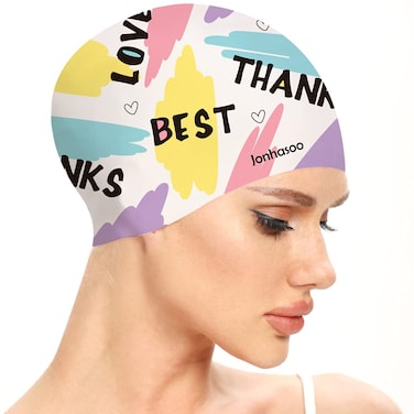 Jonhasoo Silicone Swim Cap for Women, Waterproof Long Hair Swimming Caps with Fashion Printed