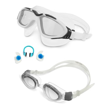Dolfino Pro Silicone Swim Mask/Goggles Combo Set - 2-Pack, 1 Stratus and 1 Visionist - Adjustable Strap - Goggles Set with No-Leak, Anti-Fog Lenses and Carry Case - Clear/White