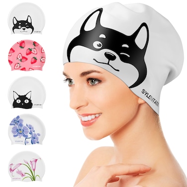 SYLEMTAM Swim Cap for Women Long Hair, Silicone Swimming Cap Waterproof Swim Caps Anti Slip Swimming Caps for Women Swimming Comfy Bathing Caps Cute Swim Hats for Short Medium Long Hairs (M Size-Dog)