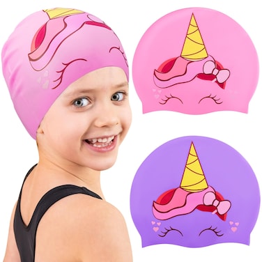 IJRPLM 2 pcs Swimming Cap for Kids,Kids Swim Caps,Waterproof Bathing Caps for Boys Girls (Age 3-12),Silicone Kids Swim Cap for Long and Short Hair to Keep Hair Dry(Purple+Pink)