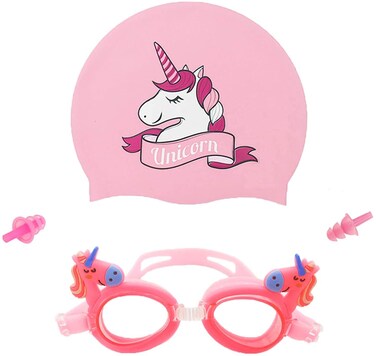 Houvillage Kids Swim Cap, 2 Pack, Silicone Children Swim Caps for Kid Toddler Boys and Girls, Fun Design Waterproof Junior Swimming Cap Pink and Blue Age 3-12 (Unicorn Set P)