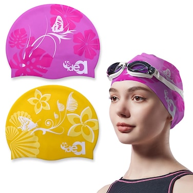 Vsidea 2 Pack Womens Silicone Swim Cap, Unisex Durable Silicone Swimming Cap for Adults Youths Swim Bath Hats caps (Pink + Yellow)