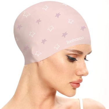 Jonhasoo Silicone Swim Cap for Women Long Hair Adult Swimming Caps with Cute Heart Printed (Pink Star)
