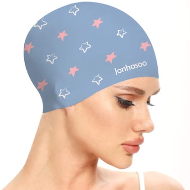 Jonhasoo Silicone Swim Cap for Women Long Hair Adult Swimming Caps with Cute Heart Printed (Blue Star)