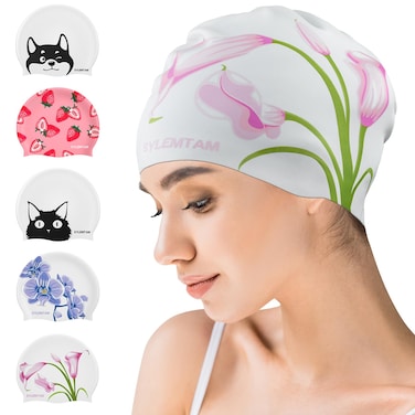 SYLEMTAM Swim Cap for Women Long Hair, Silicone Swimming Cap Waterproof Swim Caps Anti Slip Swimming Caps for Women Swimming Bathing Caps Cute Swim Hats for Short Medium Long Hairs (S Size-Daffodil)