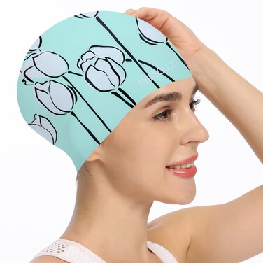 Marsolly Silicone Swim Cap for Women, Waterproof Long Hair Swimming Caps with Flower Printed (Green Tulip)