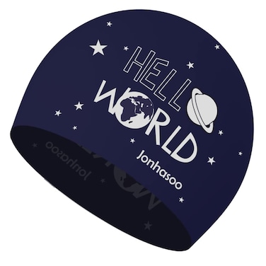 Jonhasoo Silicone Swim Cap for Women&amp;Men, Adult Swimming Caps (Hello World-Navy)
