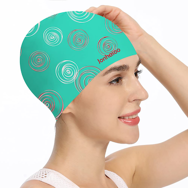 Jonhasoo Silicone Swim Cap for Women, Waterproof Long Hair Swimming Caps with Color Stripe Printed (Circle-Green)