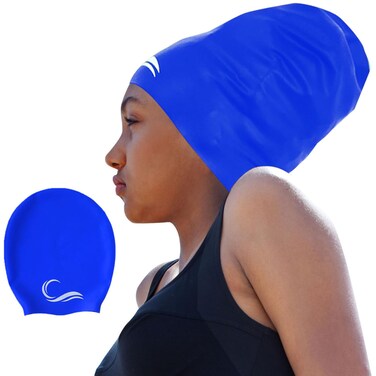 Long Hair Dreadlock Swim Cap &acirc;&euro;&ldquo; Silicone Swimming L Cap - Waterproof Blue Large