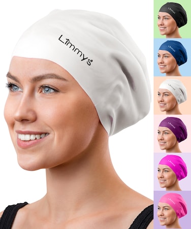 Limmys Adult Long Hair Swimming Cap - 100% Silicone Swim Caps for Men and Women - Premium Quality, Stretchable and Comfortable Swimming Hats (Medium, White)