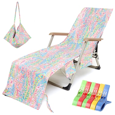 VOCOOL Beach Chair Towel Chaise Lounge Cover with Pockets and Clips Pool Chair Towel for Outdoor Patio Garden(Pink)