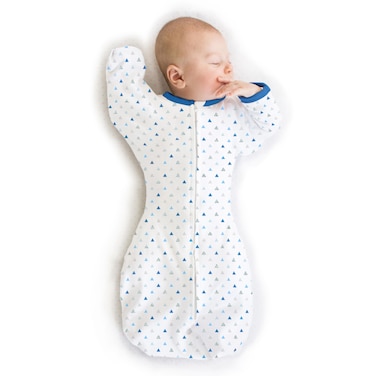 SwaddleDesigns Transitional Swaddle Sack with Arms Up Half-Length Sleeves and Mitten Cuffs, Medium, 3-6 Months, 14-21 lb, Tiny Triangles, Blue (Arms Up Swaddle, Transition Swaddle Sleep Sack)