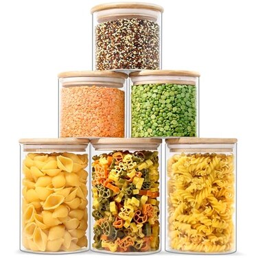 Urban Green Glass Storage Container Bamboo Lids, Glass Airtight Canisters sets, Glass Jar with Lids, Food Jars, Pantry Organization and Storage Containers, Spice Jars, Flour Canisters of 6