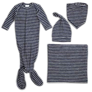 aden + anais Snuggle Knit Newborn Gift Set with Knotted Baby Gown, Swaddle Blanket, Infant Hat, and Bandana Bib, 0-3 Months, Navy Stripe