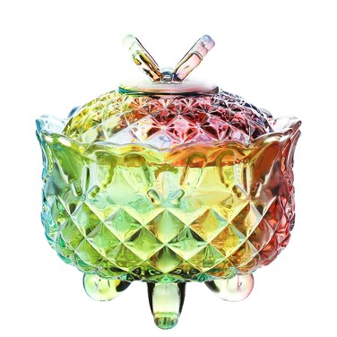SOCOSY Royal Embossed Crystal Candy Box with Lid Footed Jewelry Box Candy Jar Cookie Jar Wedding Candy Buffet Jars Kitchen Storage Jar 10oz (Rainbow)